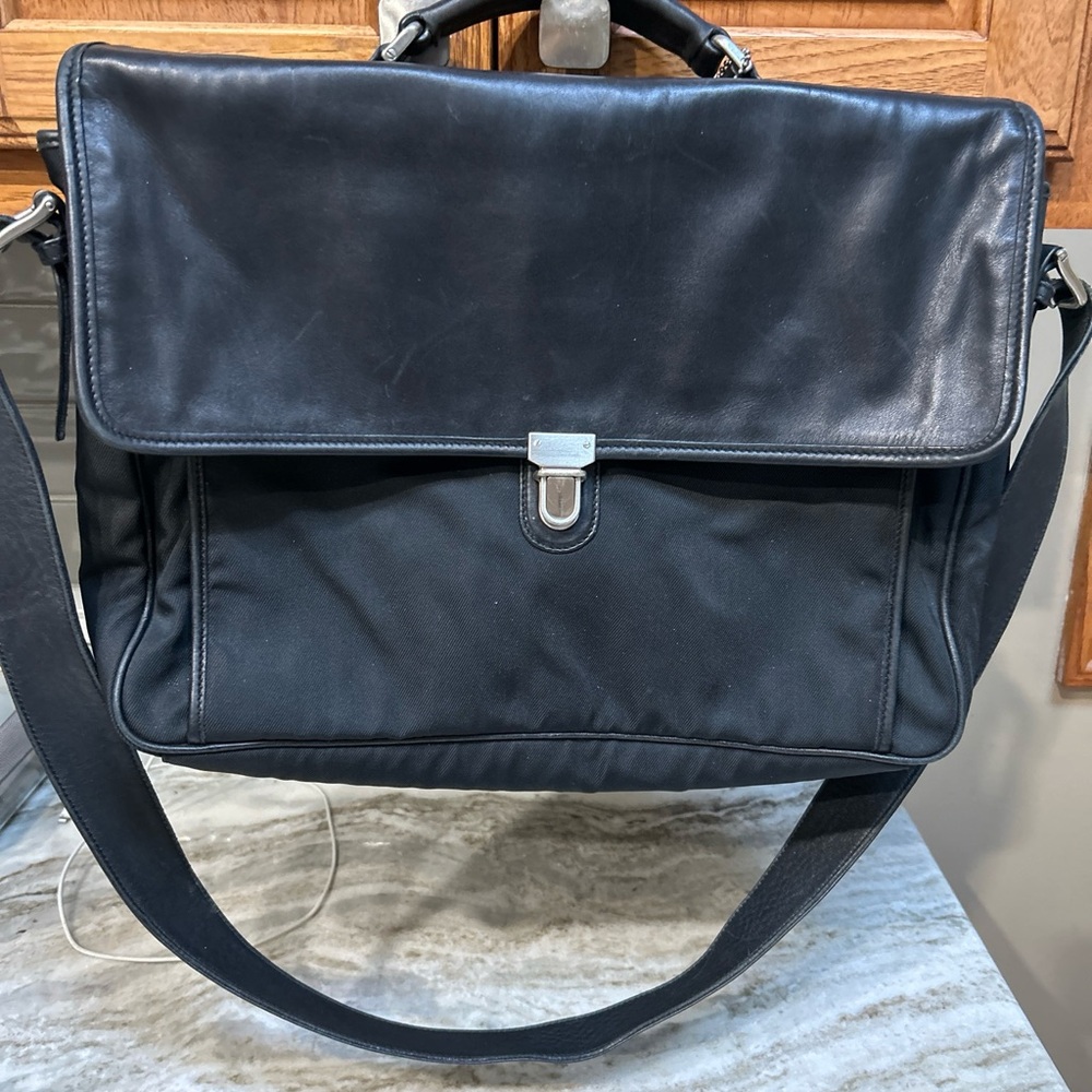 COACH MENS MESSENGER BRIEFCASE LAPTOP BAG BLACL LEATHER/Nylon trim 17x12